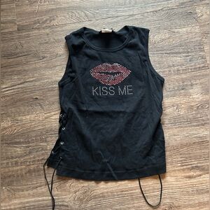 Self Esteem Sequin Black Sleeveless Top with Red Lip Design Large